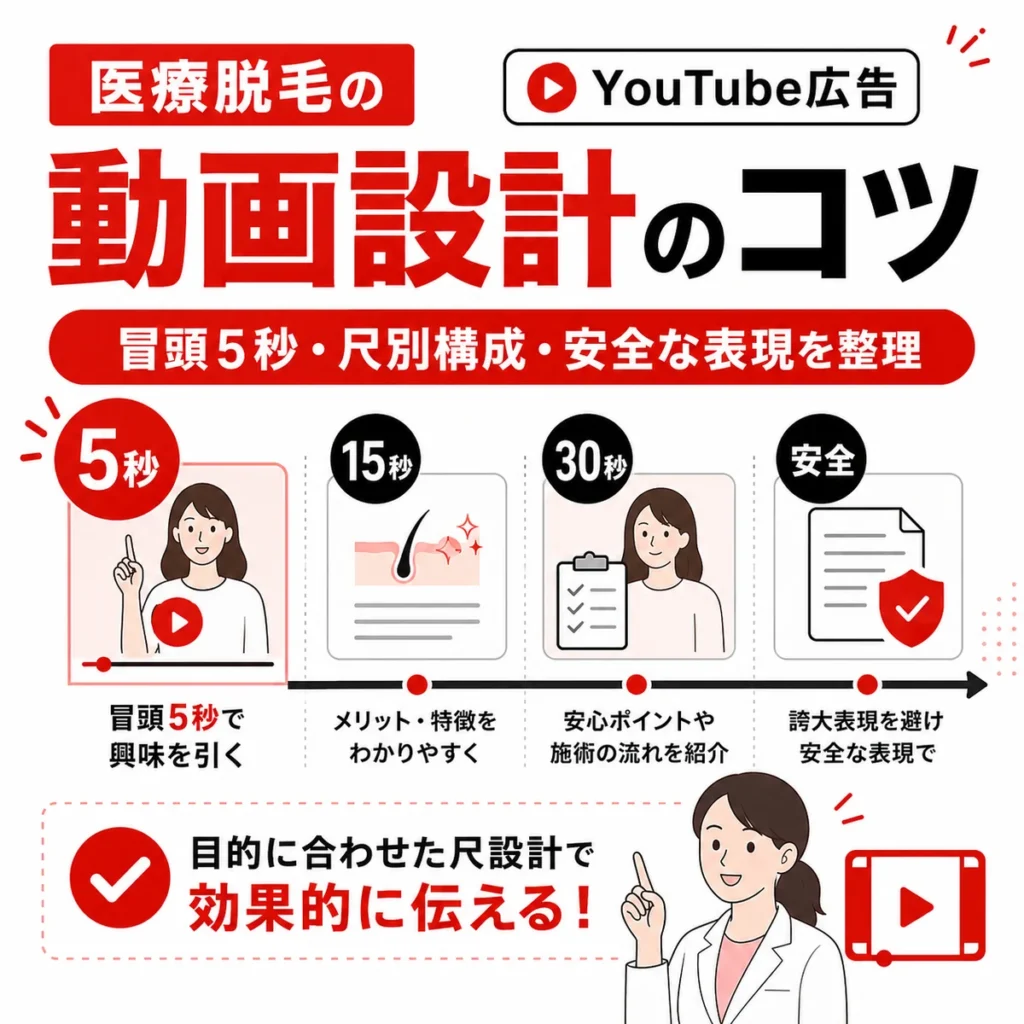 医療脱毛のYouTube広告動画で冒頭5秒や尺別構成を整理するコツを示すイラスト