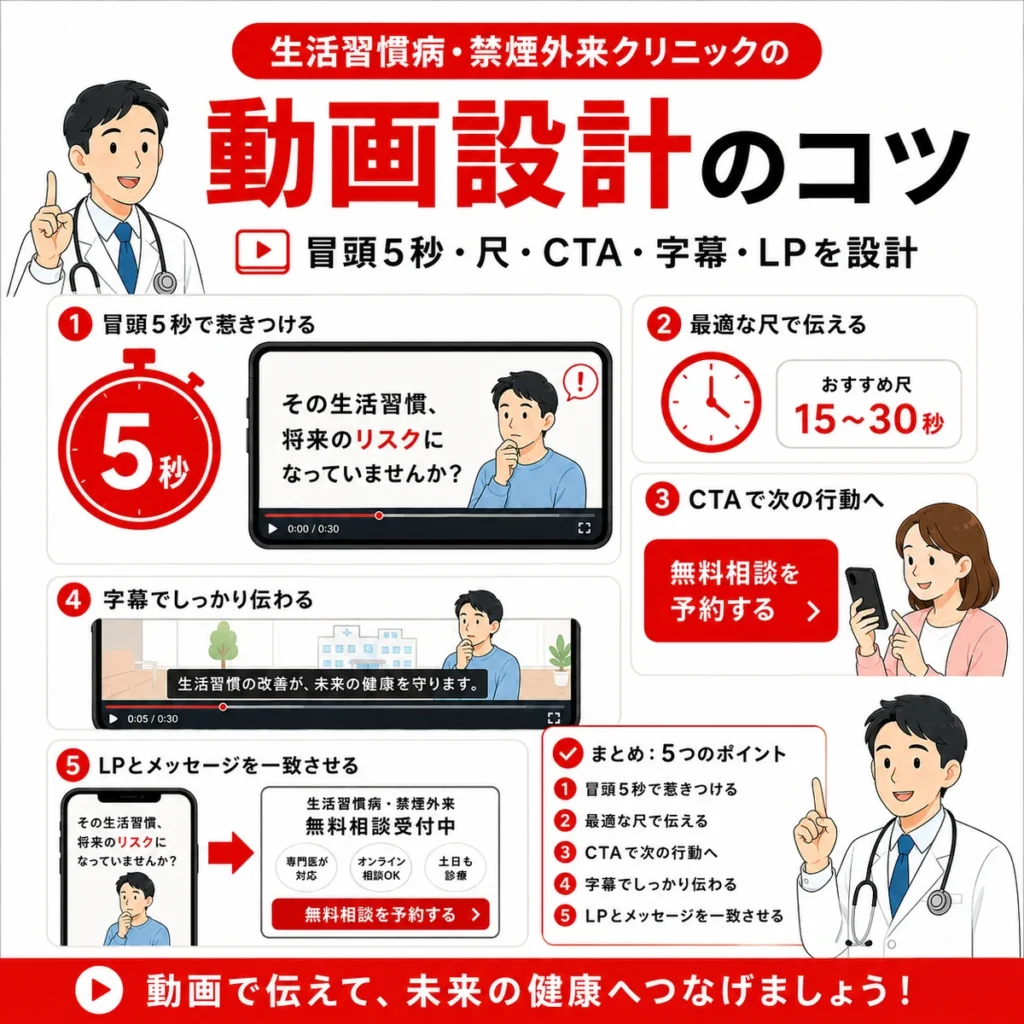 冒頭5秒や動画尺、CTA、字幕、LPとの整合を意識したYouTube広告動画設計のポイントを示すイラスト
