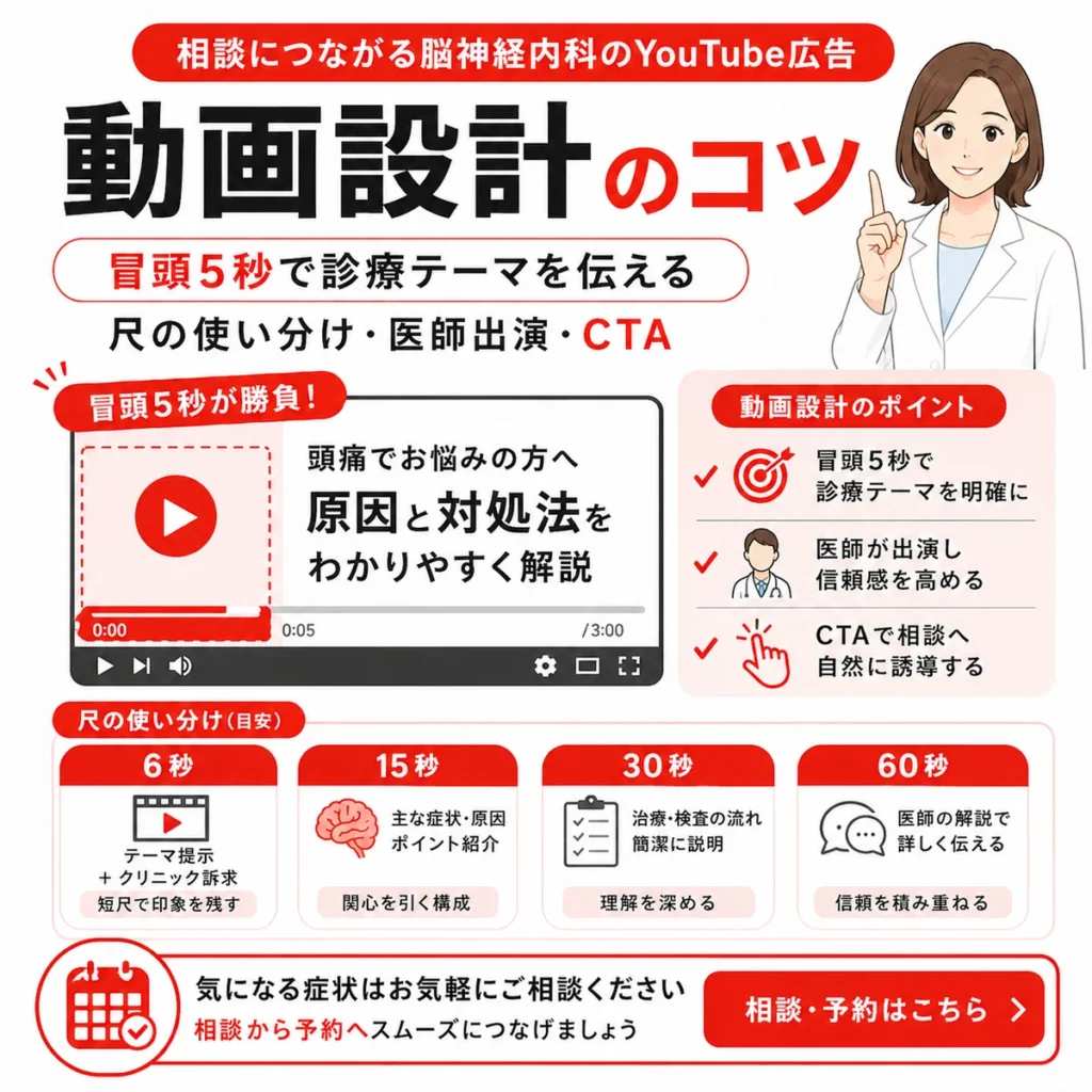 脳神経内科のYouTube広告で冒頭5秒や動画尺、CTAを設計するポイントを示すイラスト