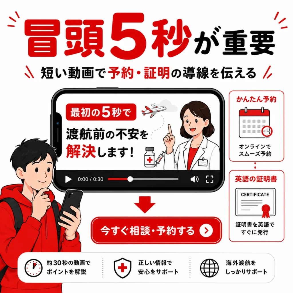 冒頭5秒で渡航前ワクチン相談や予約導線を伝える動画広告設計のイラスト