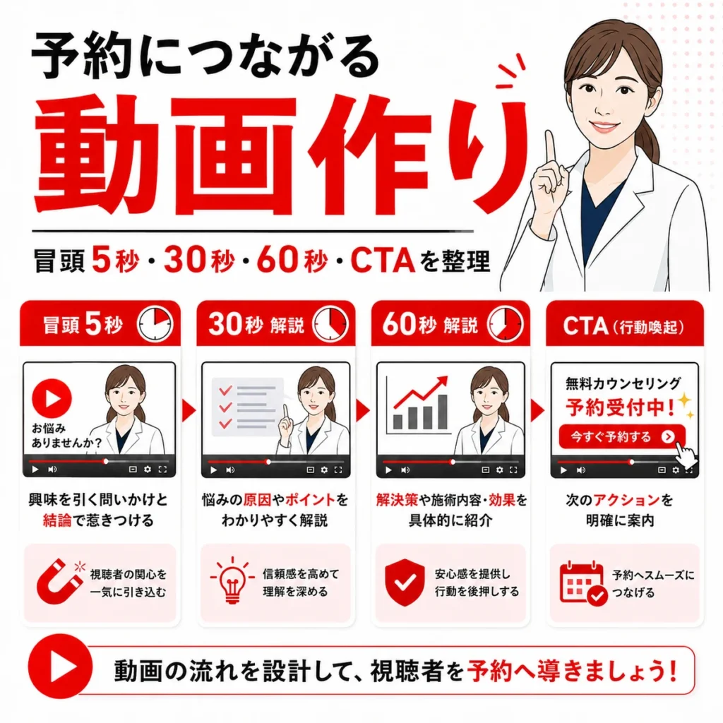 カウンセリング予約につながる動画クリエイティブの構成を冒頭5秒、30秒、60秒、CTAで示すイラスト