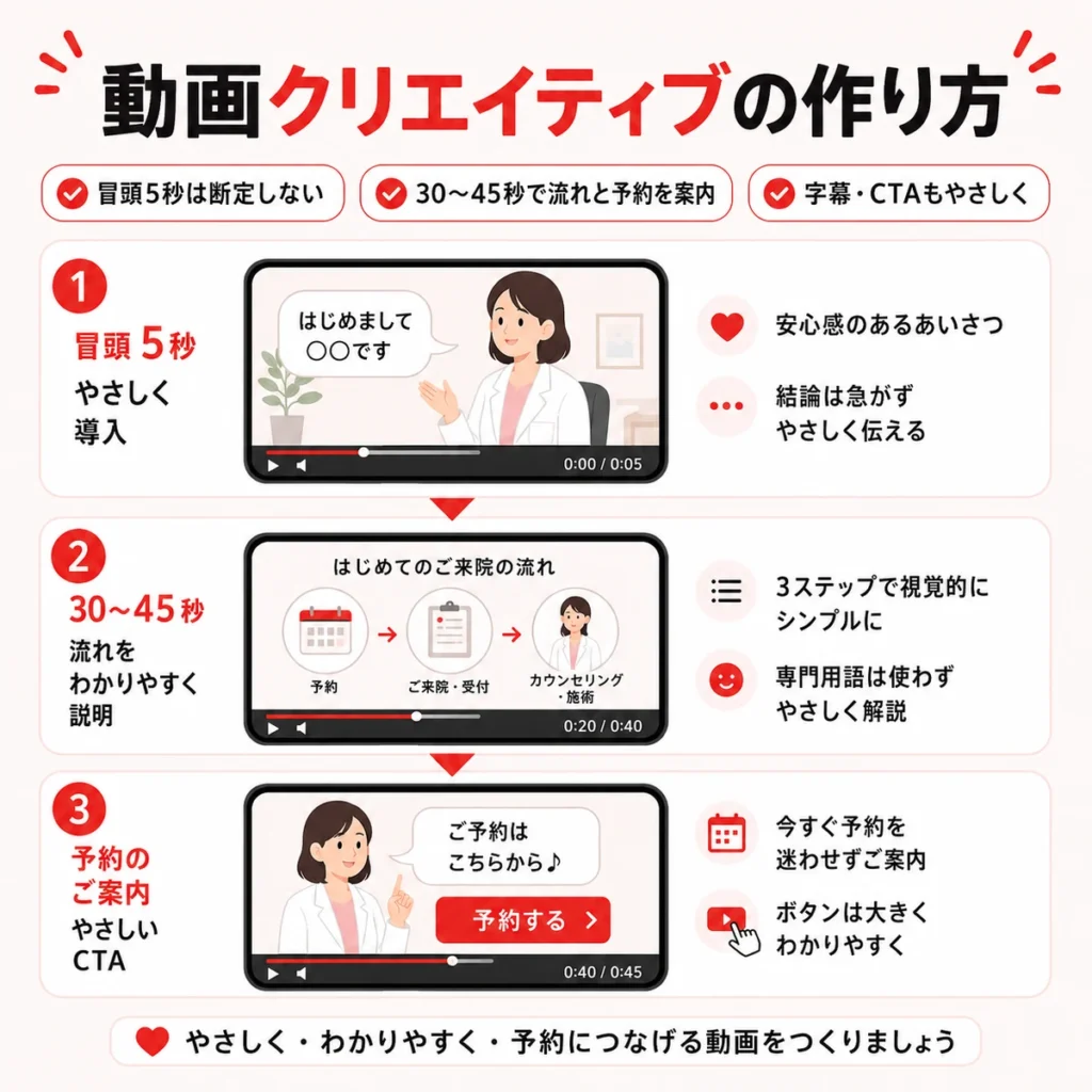 精神科クリニックのYouTube広告動画クリエイティブを3ステップで作る流れを示すイラスト