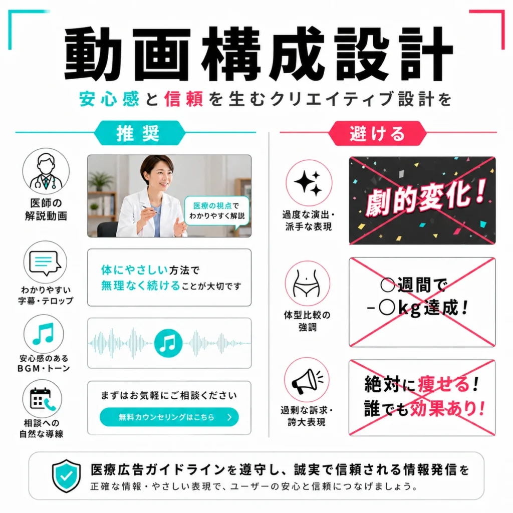 推奨される動画構成と避けるべき表現を比較しながら広告クリエイティブ設計を示すイラスト