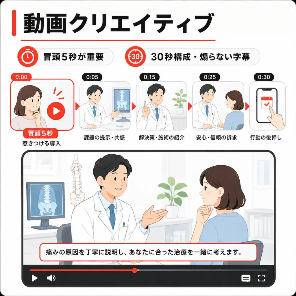 ペインクリニックのYouTube広告動画で冒頭5秒や30秒構成、煽らない字幕設計を示すイラスト