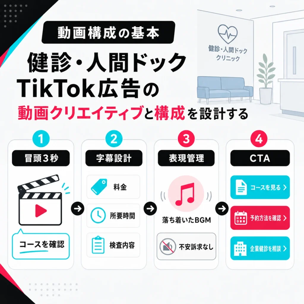 健診・人間ドックTikTok広告の冒頭3秒、字幕設計、表現管理、CTAまでの動画構成を示すイラスト