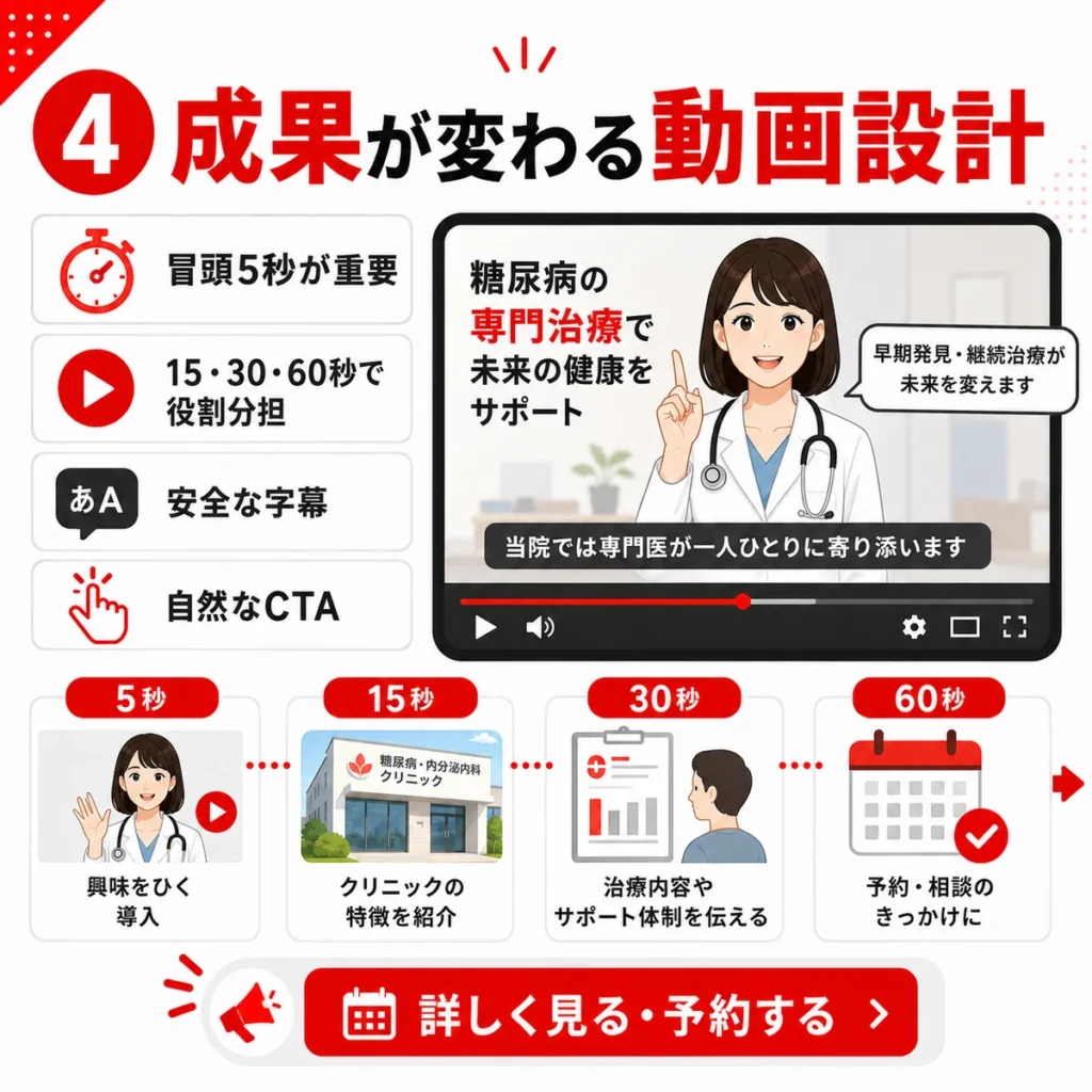 冒頭5秒や動画尺、字幕、CTAを設計してYouTube広告の成果を高める方法を示すイラスト