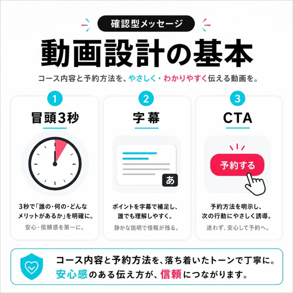 がん検診TikTok広告の冒頭3秒・字幕・CTA設計を分かりやすく整理したイラスト