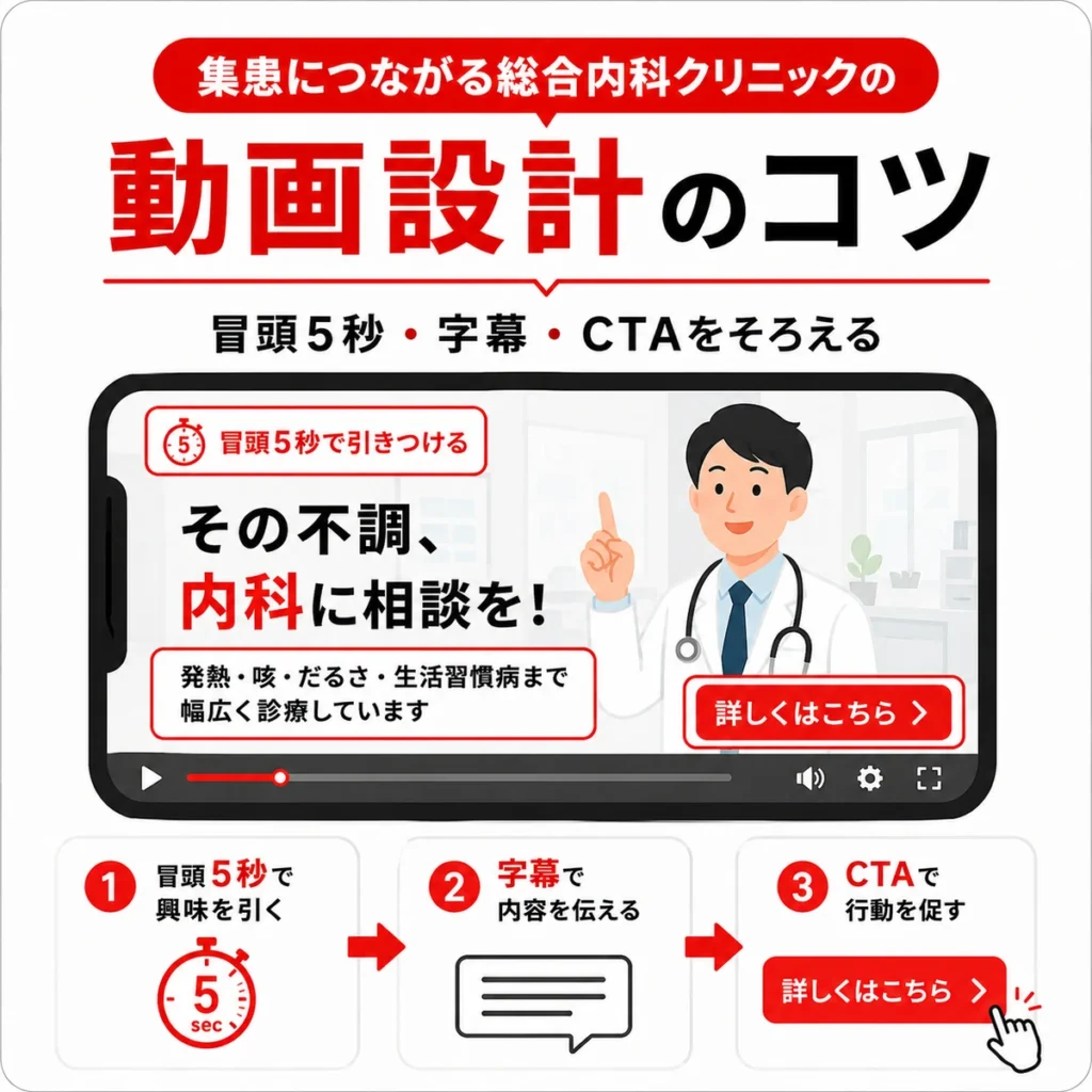 冒頭5秒や字幕やCTAをそろえた総合内科クリニックの動画広告設計を示すイラスト