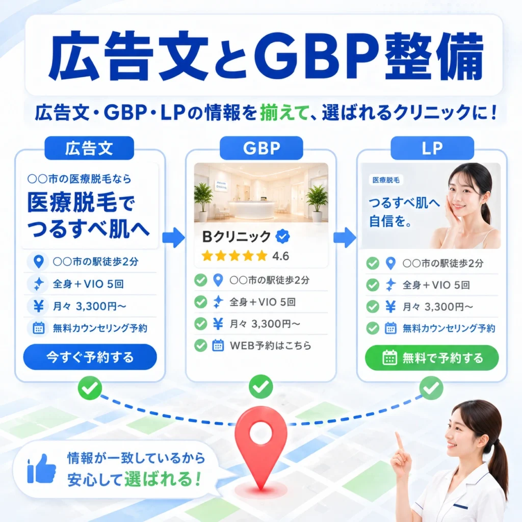 広告文・GBP・LPの情報をそろえて選ばれる医療脱毛クリニックに整える手順を示すイラスト