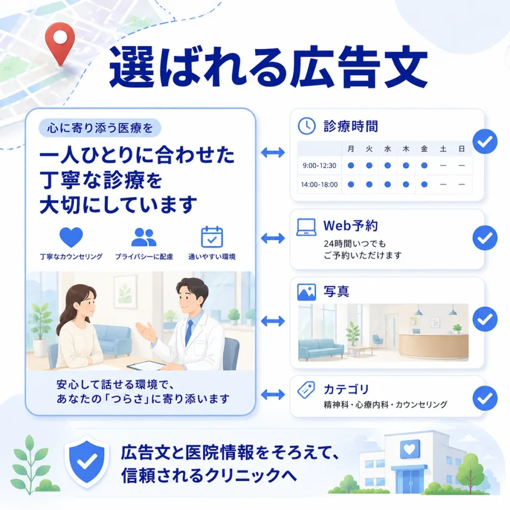 選ばれる精神科になるために広告文と診療時間、Web予約、写真などの医院情報をそろえる様子を示すイラスト