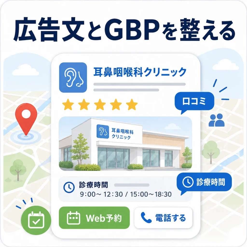 耳鼻咽喉科の広告文とGoogleビジネスプロフィール情報を整えるイラスト