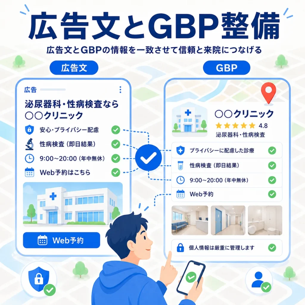 泌尿器科・性病クリニックの広告文とGoogleビジネスプロフィールの情報を一致させる重要性を示すイラスト