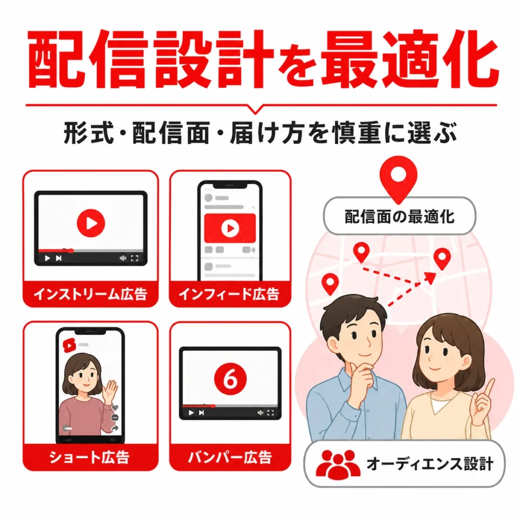 心療内科に合う広告形式や配信面とオーディエンス設計を整理したイラスト
