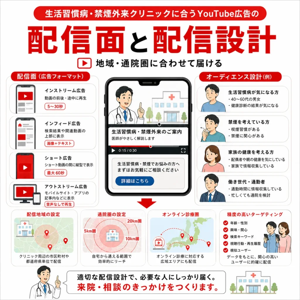 生活習慣病と禁煙外来に合うYouTube広告の配信面や地域、通院圏、オーディエンス設計を示すイラスト