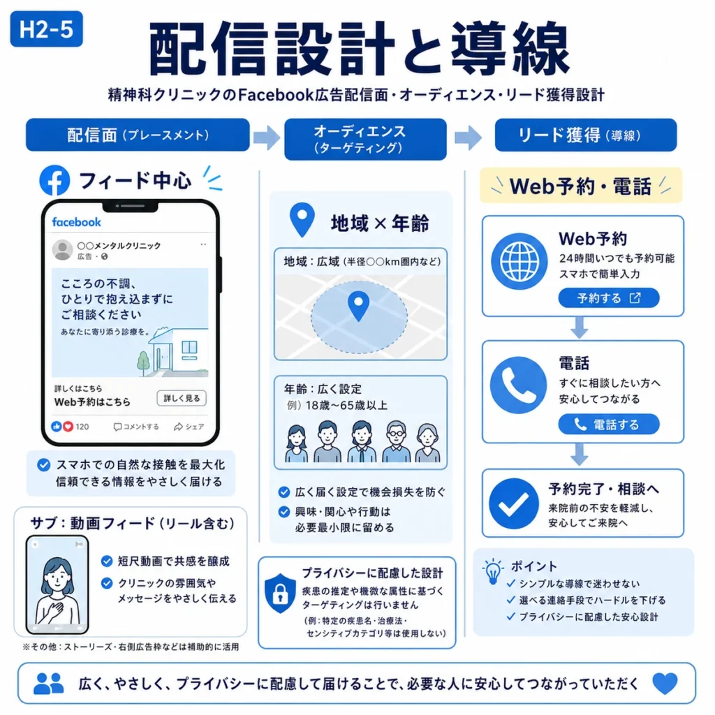 Facebook広告の配信面、オーディエンス、Web予約や電話へのリード獲得導線を整理したイラスト