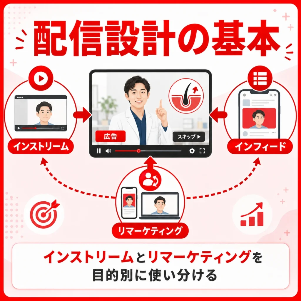インストリーム広告やインフィード広告、リマーケティングを目的別に使い分ける配信設計のイラスト