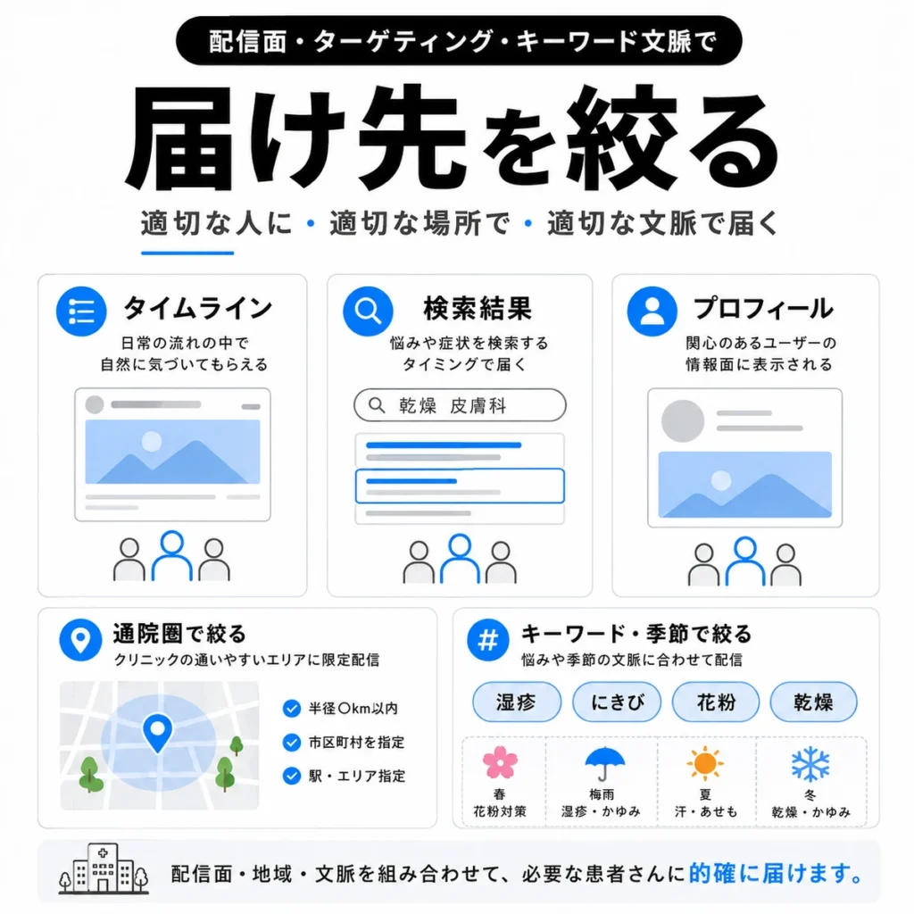 配信面・地域・キーワード・季節文脈で皮膚科X広告の届け先を絞る方法を示すイラスト