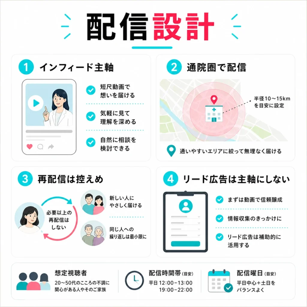 インフィード広告、通院圏配信、控えめな再配信など配信設計の要点を示すイラスト