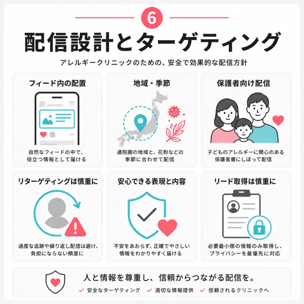 アレルギー科広告の配信面や地域季節ターゲティングを整理したイラスト