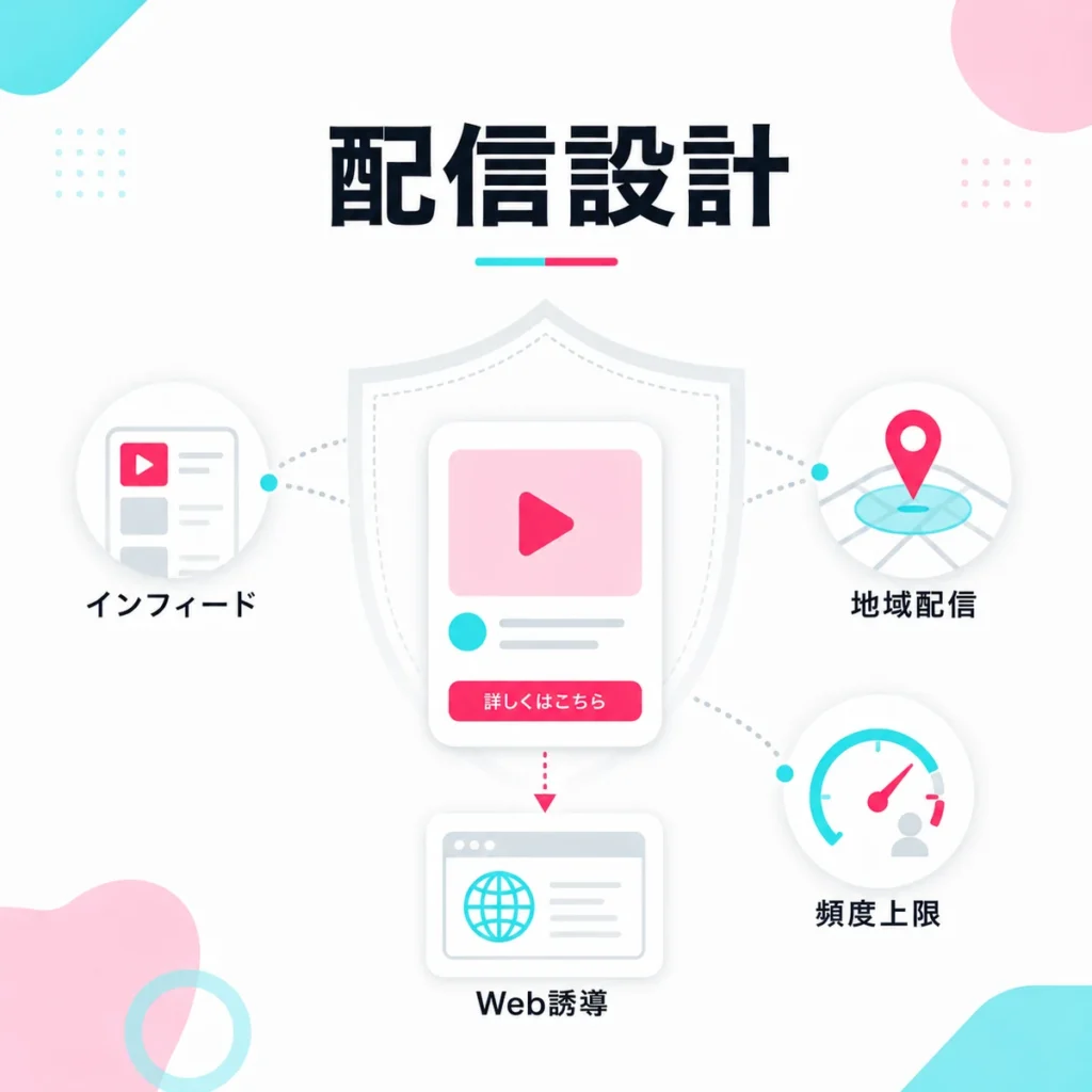 精神科TikTok広告の配信面、Web誘導、地域配信、頻度上限を整理したイラスト