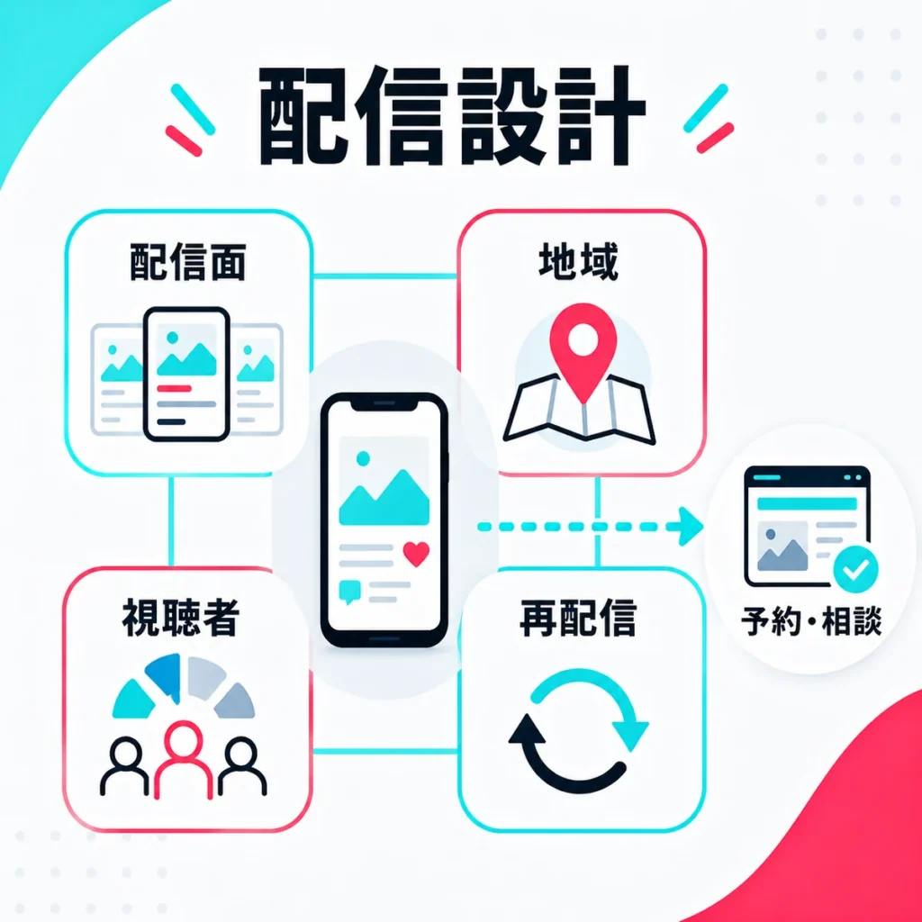 配信面、地域、視聴者、再配信を分けて総合病院の広告配信設計を示すイラスト