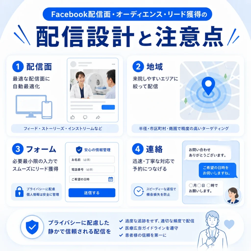 Facebook広告の配信面や地域ターゲティング、リード獲得時の注意点を示すイラスト