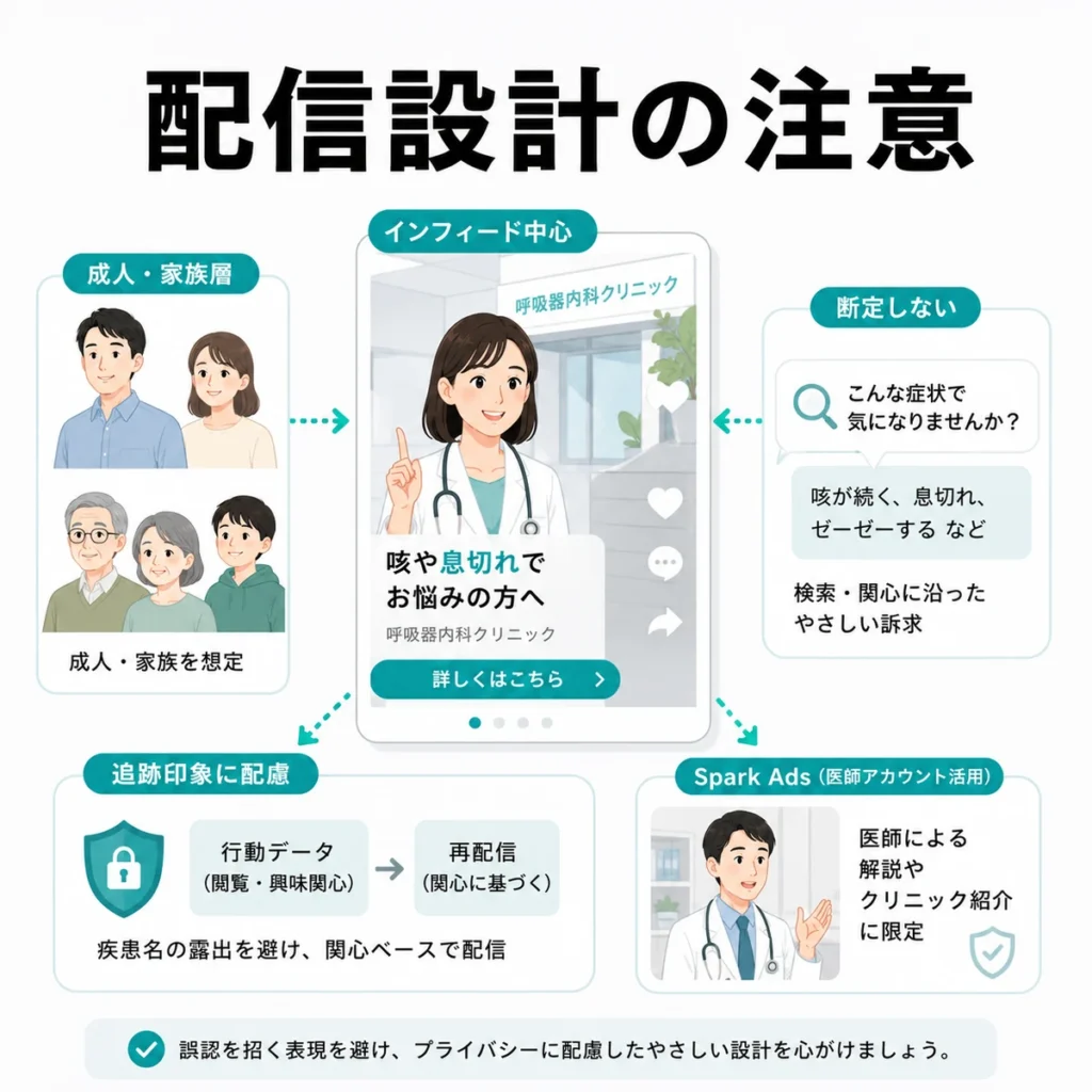 呼吸器内科クリニックのTikTok広告における配信面とターゲティング設計の注意点を示すイラスト