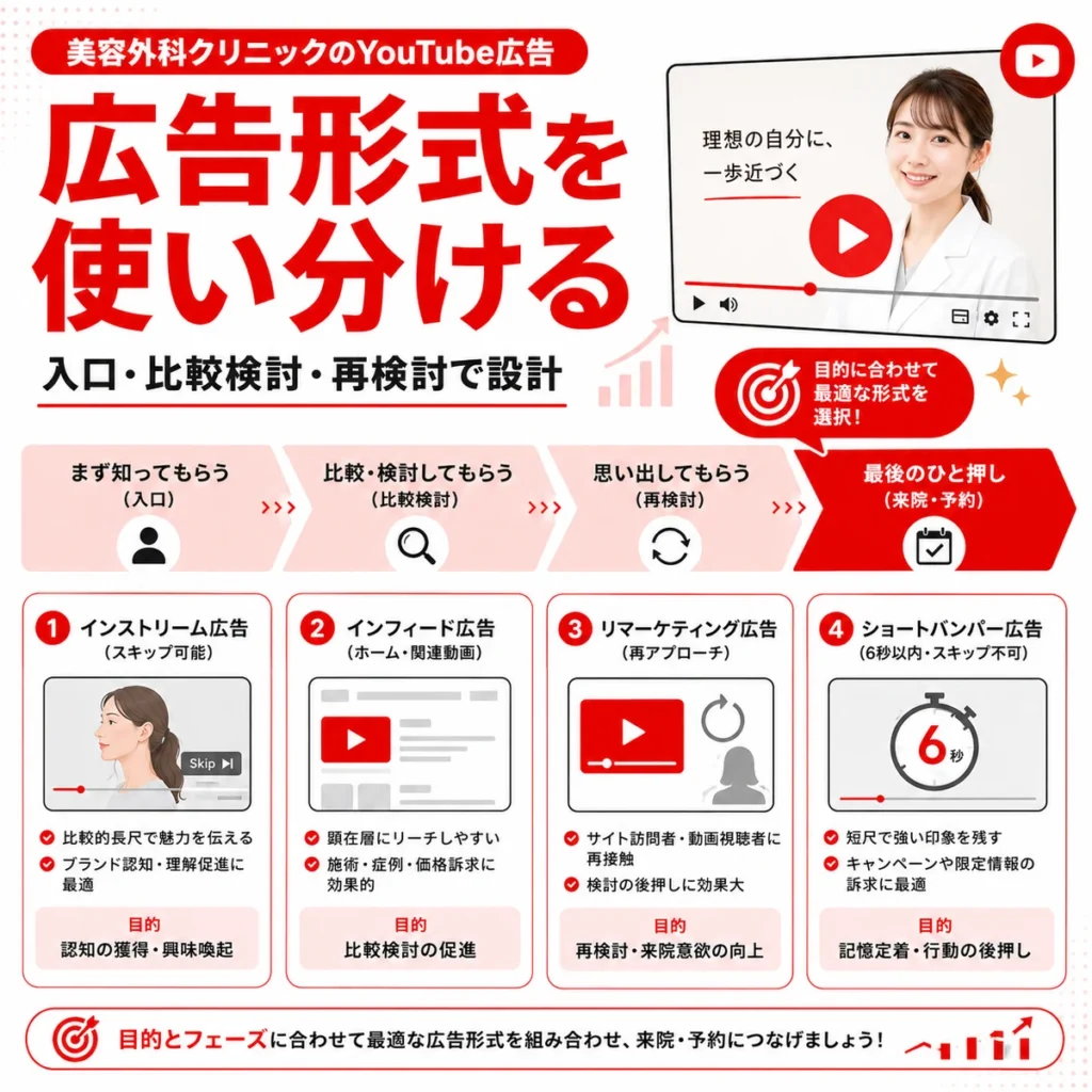 美容外科クリニックに合うYouTube広告形式と配信段階の使い分けを示すイラスト