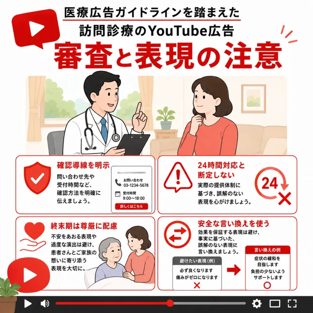 訪問診療クリニックの広告形式と配信面とオーディエンス設計を示すイラスト