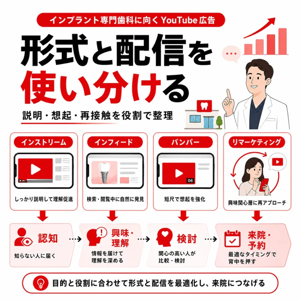 インプラント専門歯科に向く広告形式と配信オーディエンス設計の使い分けを示すイラスト