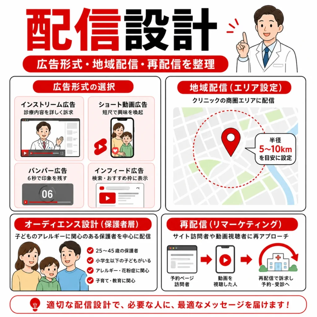 広告形式や地域配信、保護者向けオーディエンス、再配信の設計を整理したイラスト
