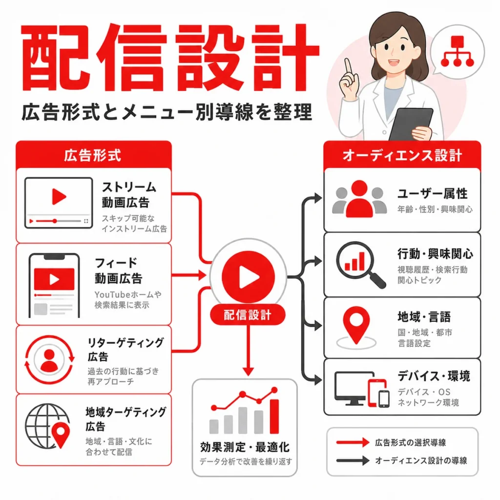 眼科クリニックの広告形式とオーディエンス設計を整理する配信設計のイラスト