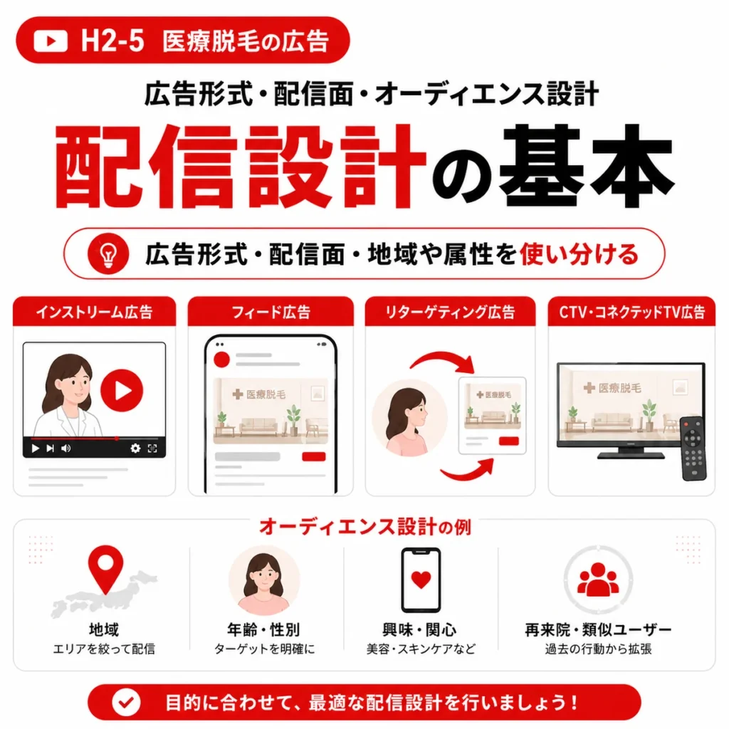 医療脱毛広告の広告形式や配信面、オーディエンス設計の基本を示すイラスト