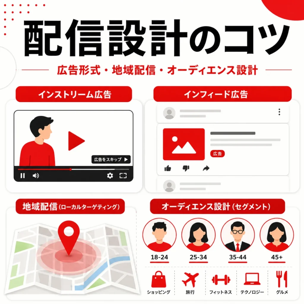 リハビリテーション科の広告形式や地域配信、オーディエンス設計を説明するイラスト