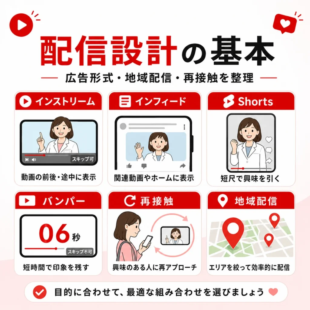 インストリームやインフィード、Shorts、地域配信など広告形式と配信設計を整理したイラスト