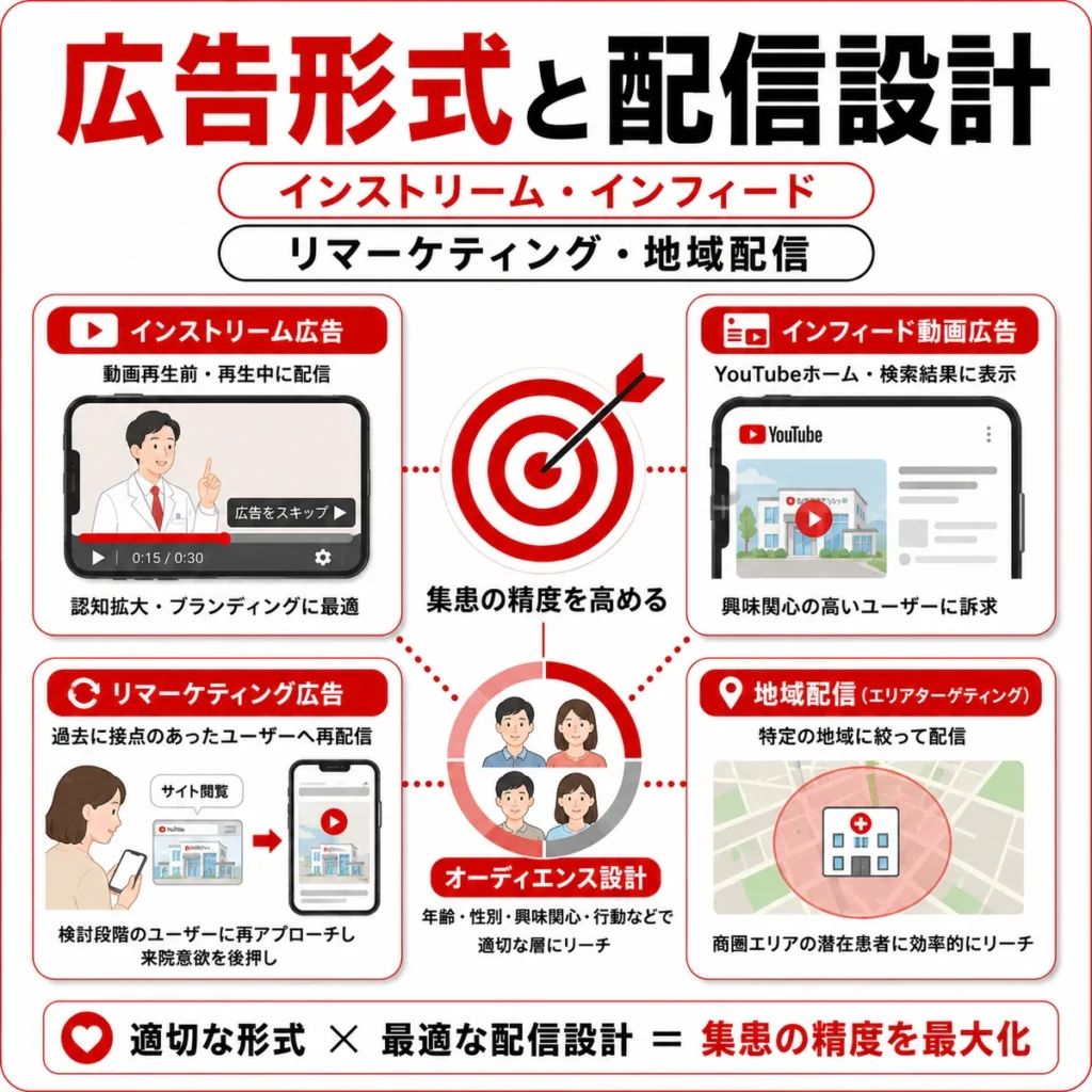 インストリーム広告やインフィード動画広告、リマーケティング、地域配信で集患精度を高める設計を示すイラスト