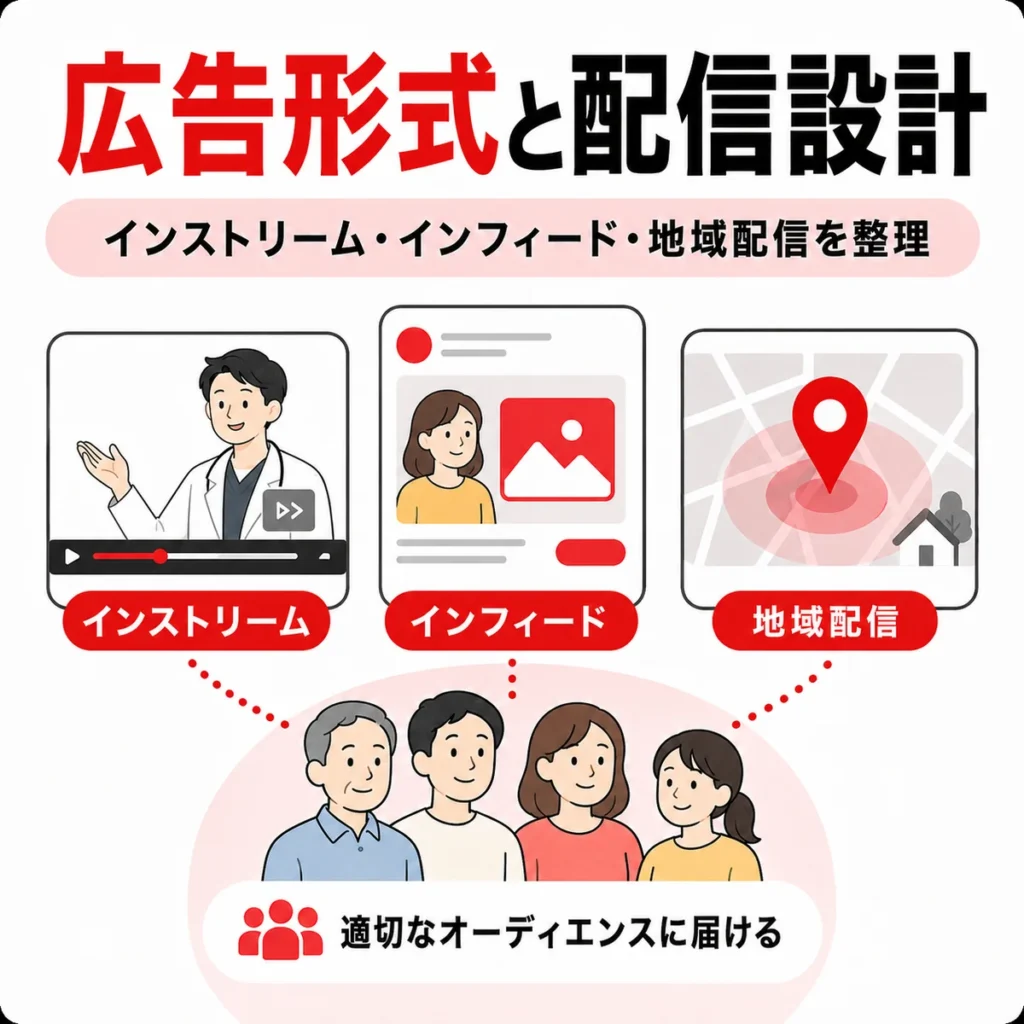 広告形式や地域配信、個人向けと企業向けの導線設計を整理したイラスト