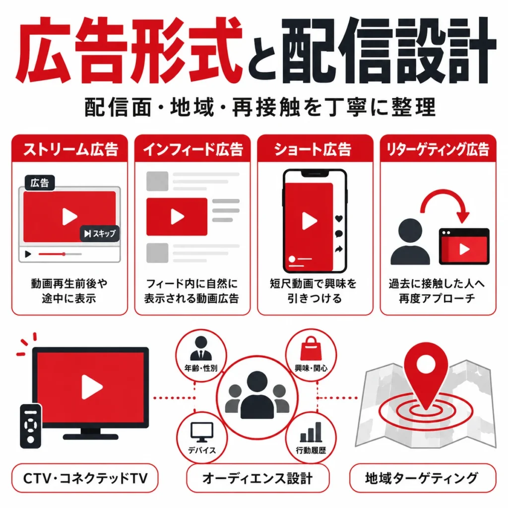広告形式や配信面、地域配信、リターゲティングを整理する配信設計のイラスト