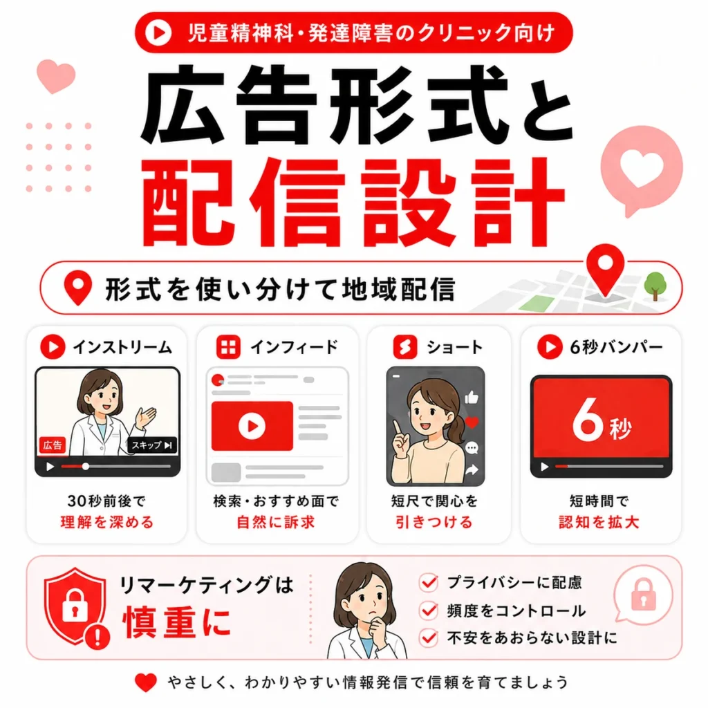 インストリームやインフィードなどの広告形式と地域配信、リマーケティングの注意点を示すイラスト