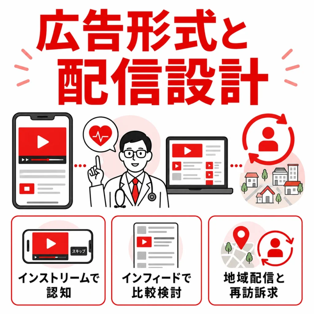 循環器内科のYouTube広告で広告形式と地域配信を使い分ける考え方を示すイラスト