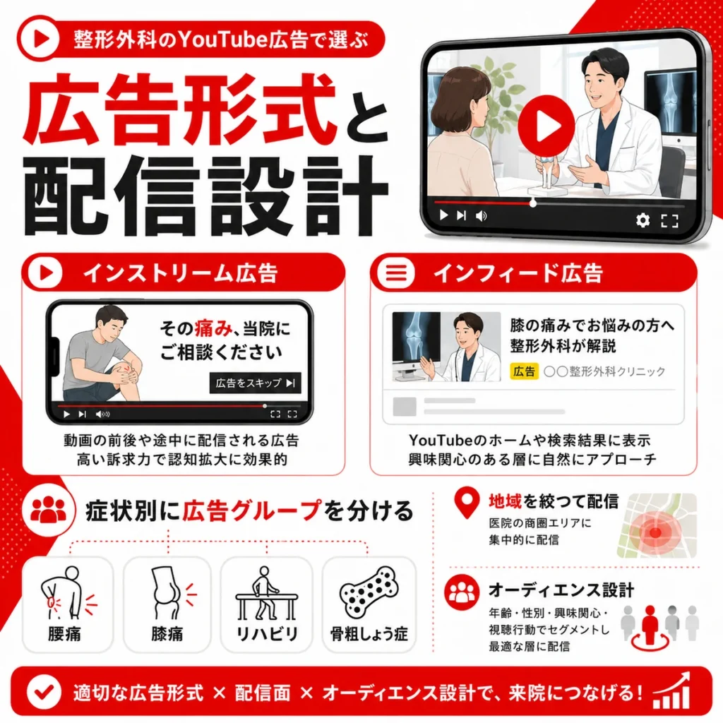 整形外科のYouTube広告でインストリーム広告やインフィード広告を使い症状別に配信設計する方法を示すイラスト