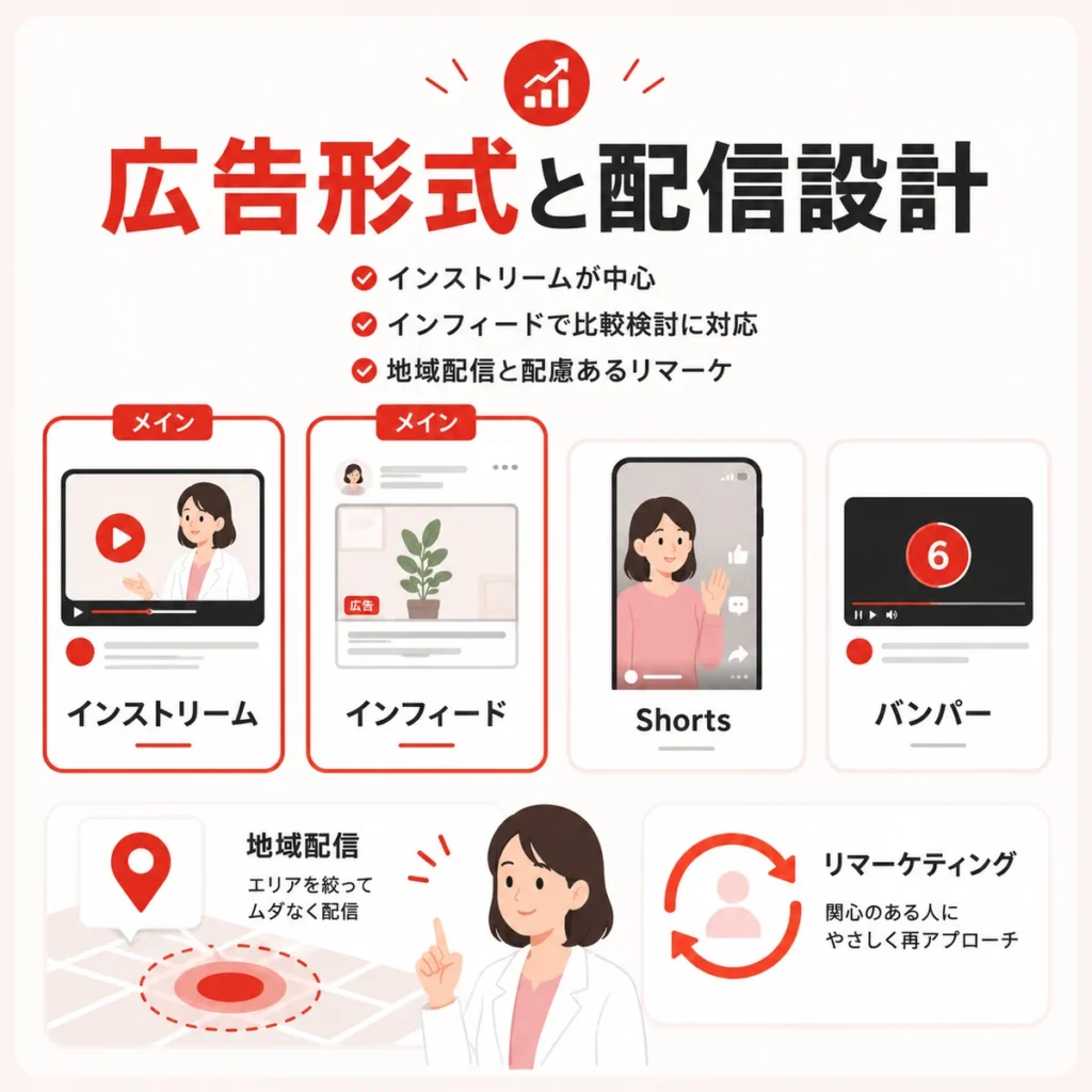 精神科クリニックに合うYouTube広告形式と地域配信やリマーケティング設計を示すイラスト