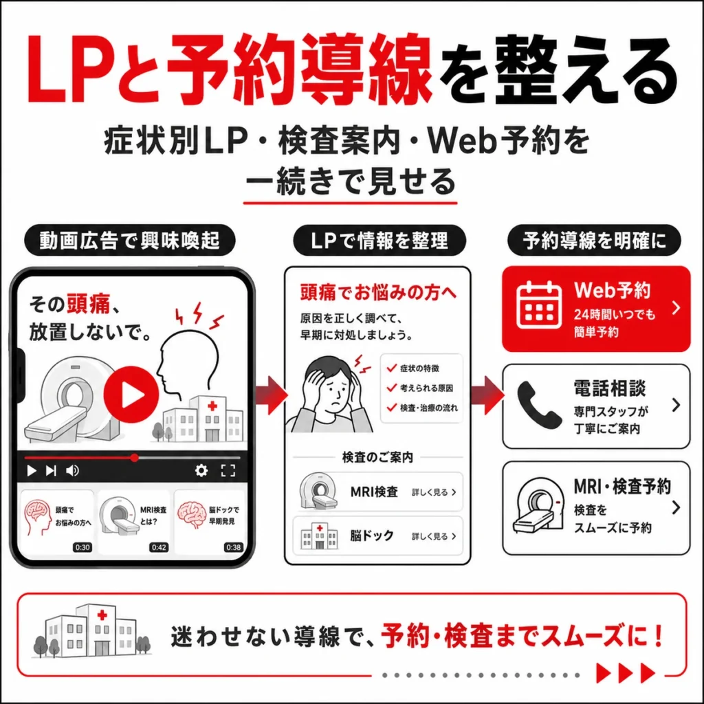 動画広告から症状別LP、検査案内、Web予約まで迷わせない予約導線を示すイラスト