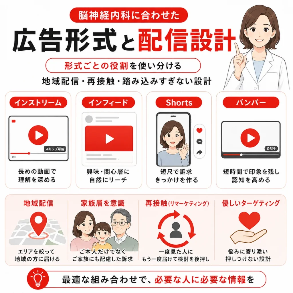 インストリームやインフィード、Shorts、バンパーなど広告形式と配信設計を整理したイラスト