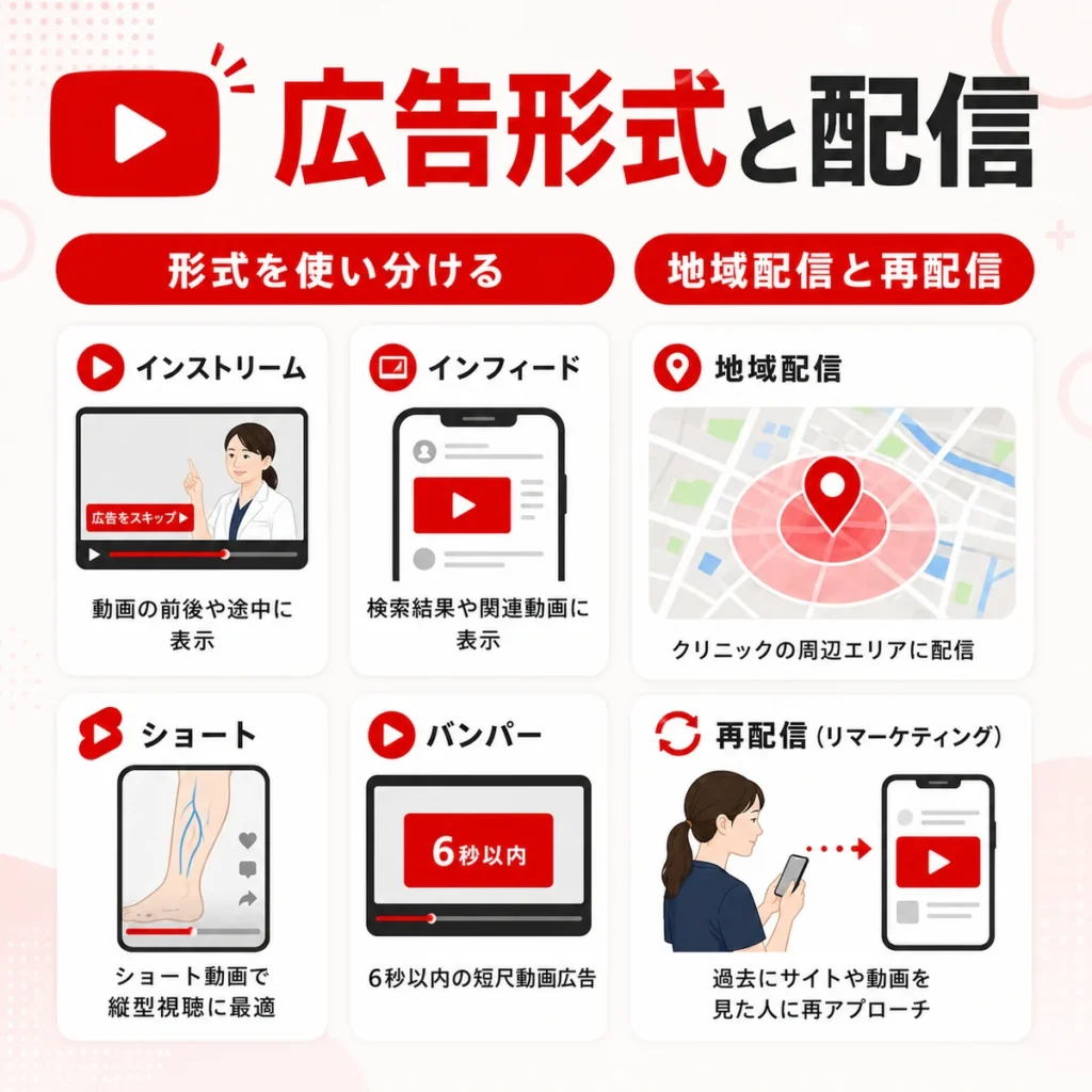 下肢静脈瘤クリニックに合うYouTube広告形式と地域配信や再配信の設計を示すイラスト