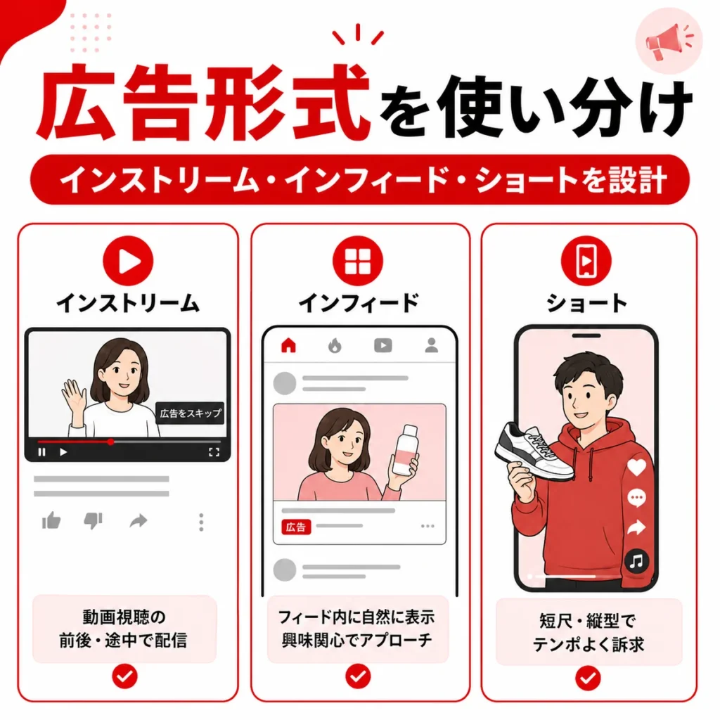 インストリームやインフィード、ショートなど広告形式を使い分ける設計を示すイラスト