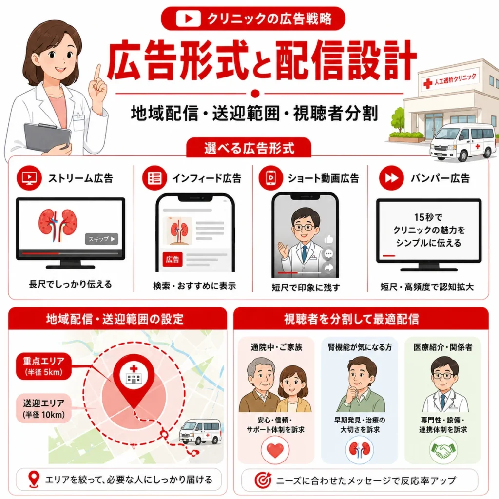 YouTube広告の形式や地域配信、送迎範囲、視聴者分割の設計を示すイラスト