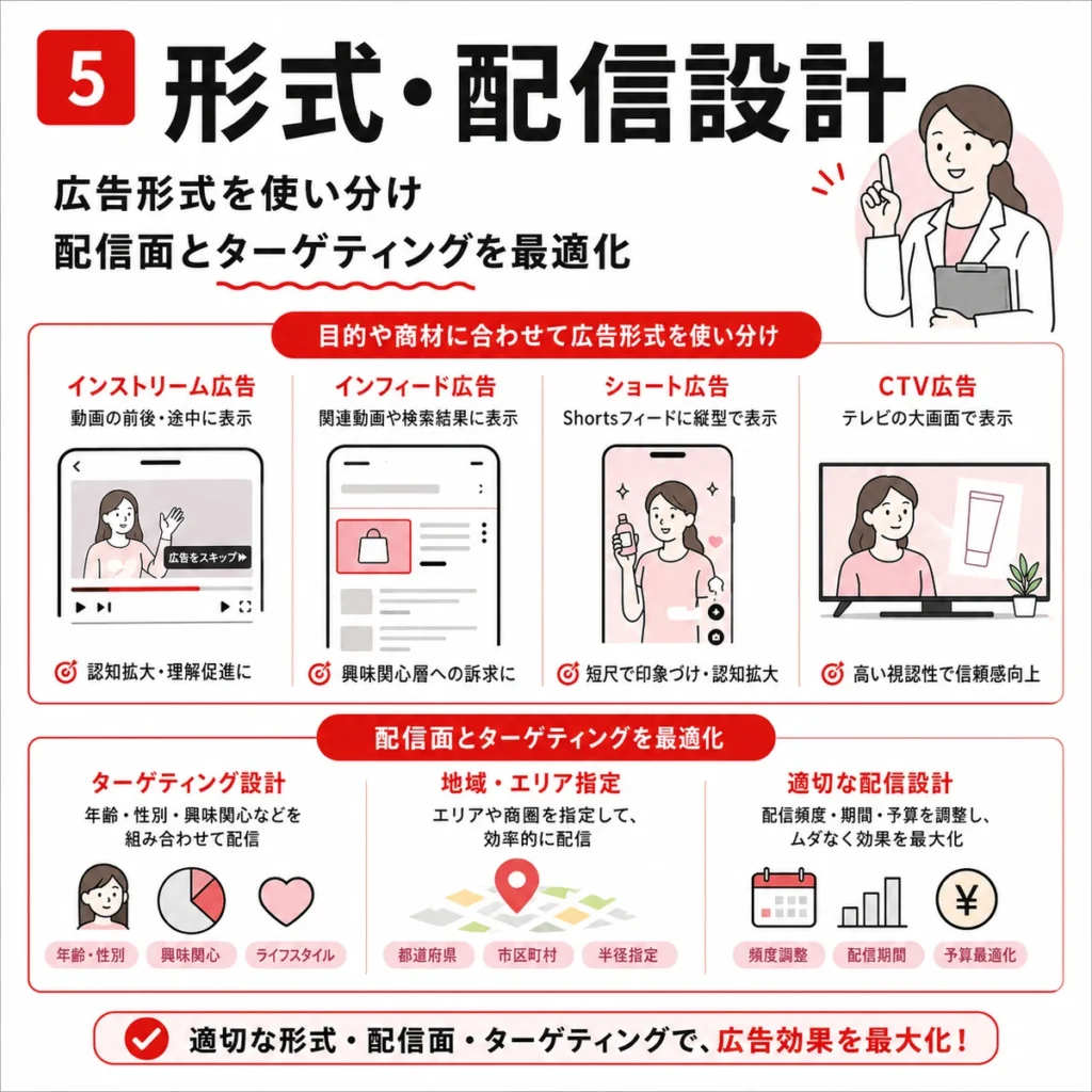 YouTube広告の形式や配信面とターゲティング設計を整理したイラスト