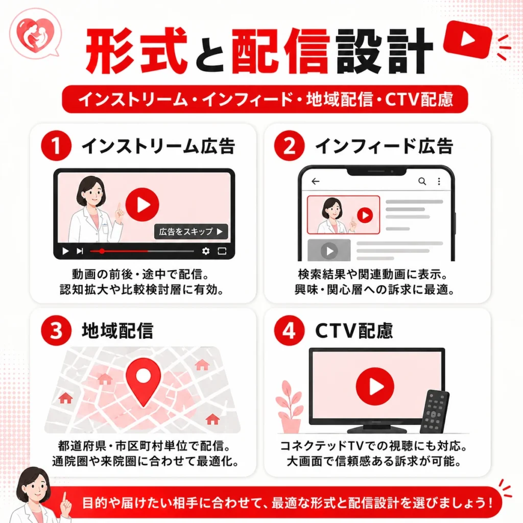 インストリームやインフィード、地域配信、CTV配慮など広告形式と配信設計を示すイラスト