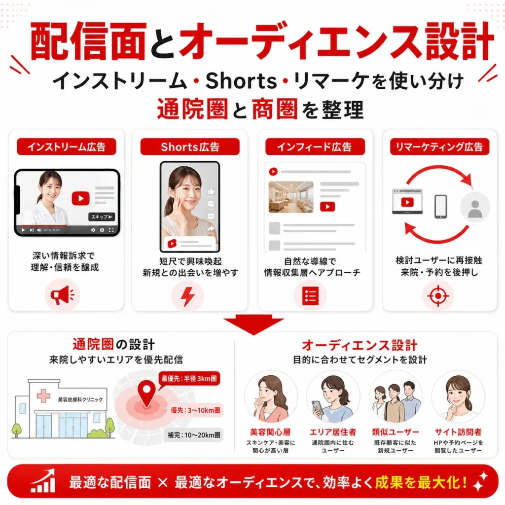 インストリームやShortsなどの配信面とオーディエンス設計を使い分ける方法を示すイラスト